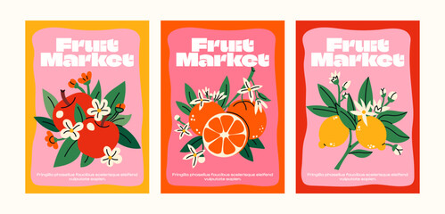 Cartoon abstract fruit posters. Retro fruits and plants lemon, orange, apple, bright groovy wall banner in 90s style