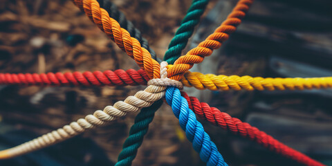  Team rope diverse strength connect partnership together teamwork unity communicate support. Strong diverse network rope team concept integrate braid color background cooperation empower power.