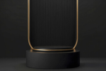 Wall Mural - Luxury black 3D golden line cylinder podium pedestal realistic or product display stand with vertical pattern in arch window. Minimal wall scene for mockup. stage showcase. 