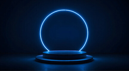 Background podium 3D light neon blue platform stage product abstract. Scene background 3D podium dark pedestal room glow studio empty stand floor night modern circle show space display game led black.