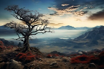 Wall Mural - Epic scene of a solitary tree against a backdrop of serene mountains and fiery red foliage