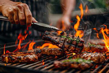 Wall Mural - a grill master's hands flipping perfectly seared steaks on a barbecue grill
