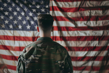 Wall Mural - Back of American military man standing in front of US flag on Veterans Day