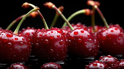 Sticker -   A detailed image of a cluster of cherries, with water droplets adorning both the upper and lower surfaces