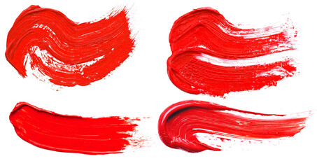 Sticker - Collection of four dynamic red paint brush strokes isolated on white, ideal for artistic backgrounds