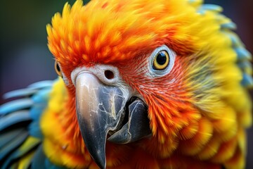 Close-up detailed portrait of a vibrant and colorful macaw parrot in the wild, showcasing its beautiful red, yellow, orange, blue, and green plumage and expressive eye