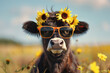 © ADDICTIVE STOCK - Playful calf adorned with sunflowers and sunglasses in a field. Generative AI image