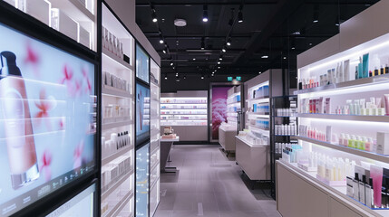 Innovative cosmetic shop with digital product catalogues and touch screens for customer use 