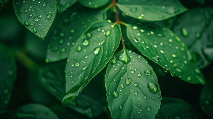 Poster - Close-up of raindrops on green leaves, summer rain 