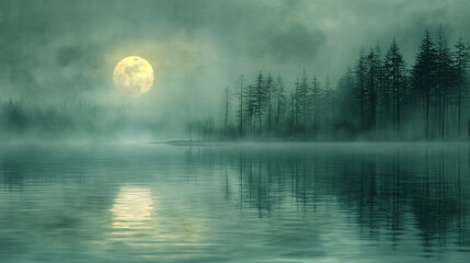 a large moon is reflected in the water of a lake