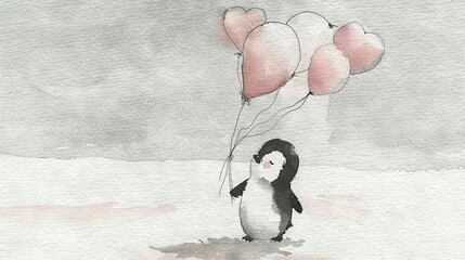 Sticker -   A watercolor painting of a penguin holding a bundle of heart-shaped balloons