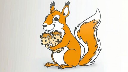 Sticker -   A photo of a squirrel carrying a baby squirrel on its back and another squirrel on its own back