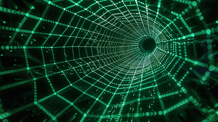 Wall Mural - Quantum web, a spiderweb of green matrix lines spanning a dark void
