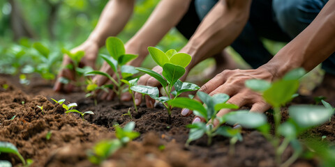 bare hands plant a row of young green seedlings in fertile soil, emphasizing hands on environmental 