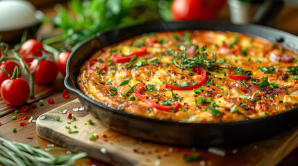 Wall Mural - A large spinach and tomato quiche sits on a wooden cutting board. The quiche is topped with fresh basil and red peppers. The dish is surrounded by a variety of other foods, including a bowl of eggs