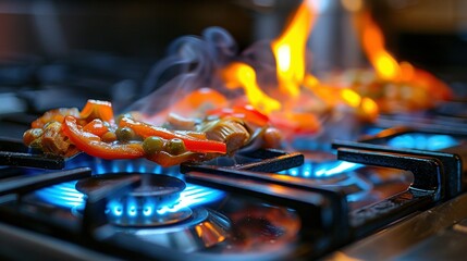 Canvas Print -   A close-up of a gas stove with hot dogs and peppers cooking on the burners, flames emanating from the burners