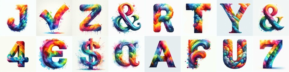 Watercolor bright rainbow colors Lettering Typeface. AI generated illustration
