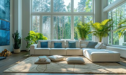 Wall Mural - Bright and spacious living room with windows, decorated in a modern style. The minimalist decor and neutral color palette create a calm and inviting atmosphere.