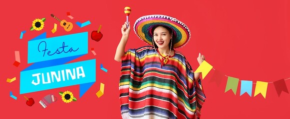 Wall Mural - Happy young woman in Mexican clothes, with maracas and garland on red background. Banner for Festa Junina (June Festival)