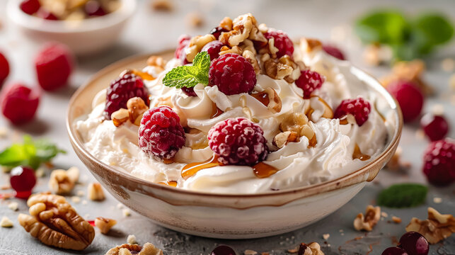 A bowl of creamy ice cream adorned with juicy raspberries and crunchy walnuts, offering a delightful blend of flavors and textures.
