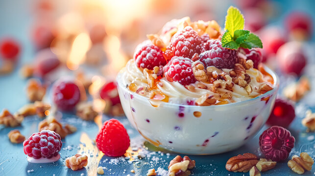 A bowl of creamy ice cream adorned with juicy raspberries and crunchy walnuts, offering a delightful blend of flavors and textures.
