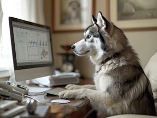 Poster - A husky dog sitting at a desk with a computer monitor. Generative AI.