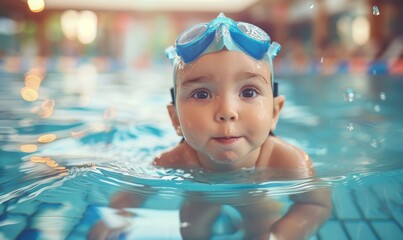 Canvas Print - A little girl in a swimming pool with goggles on. Generative AI.