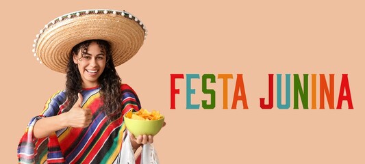 Poster - Beautiful young woman in Mexican clothes and with nachos on beige background. Banner for Festa Junina (June Festival)