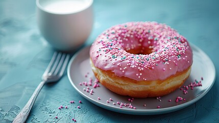 Poster -   A plate holds a donut coated in pink icing and adorned with sprinkles, accompanied by a glass of milk