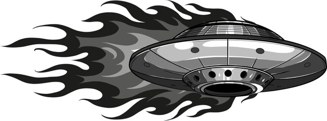 Sticker - vector illustration of monochrome ufo with flames