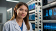 woman doctor, scientist, or researcher, working in a medical research lab wearing a white lab coat