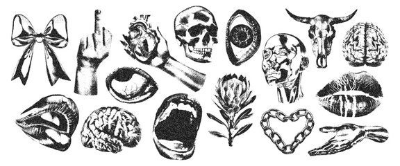 Fototapete - Mouth, heart, brain, head, scream, hand, flower, bow ribbon with halftone stipple effect, for grunge punk y2k collage design. Vector illustration in stipple halftone brutalist retro design for banner