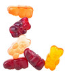 Group of delicious jelly bears isolated on a white background. Colored marmalade bears. Acrobats.