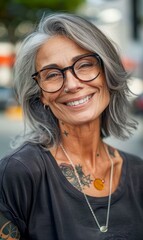 Poster - A woman with glasses and a tattoo on her neck smiling. Generative AI.