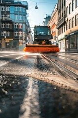 Canvas Print - A street sweeping vehicle on a city road with buildings in the background. Generative AI.