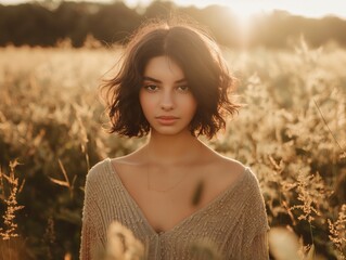 Poster - A woman with short hair stands in a field of tall grass. She is wearing a brown sweater and she is looking at the camera. The image has a peaceful and serene mood, as the woman is surrounded by nature