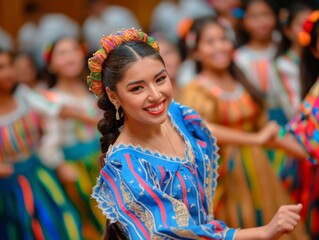 Wall Mural - A woman wearing a blue dress and a flower headband is smiling. She is surrounded by other people in colorful clothing