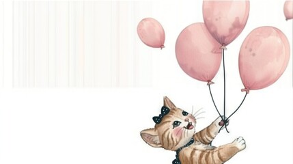 Poster -   A cat holds a group of balloons in its mouth while standing on hind legs against a white backdrop