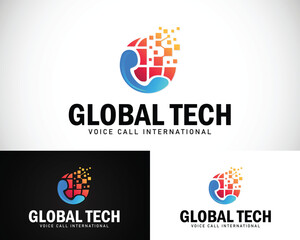 global technology logo creative design concept modern pixel digital networking phone