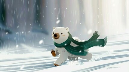 Poster -   A polar bear wearing a scarf strolls through snowy winter scenery as snowflakes fall