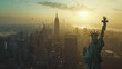 Stunning Sunrise Over New York City Skyline with Statue of Liberty. Majestic Urban Landscape. Iconic Landmarks Bathed in Morning Light. Inspirational Viewpoint for Travel and History. AI