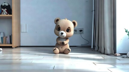 Sticker -   A  bear rests on the floor before a tall bookshelf, with a bookshelf visible in the back