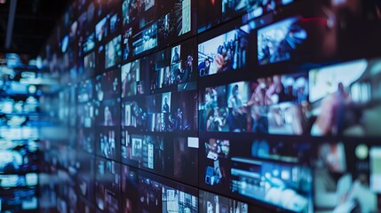 Aufkleber - Modern Media Display with Multiple Screens Showing Diverse Content. Digital Monitoring System in a Control Room. High-Tech Surveillance. AI