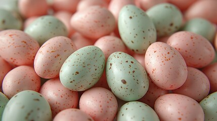 Wall Mural -   Pink and green speckled eggs with a speckled egg in the center