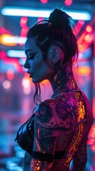 Wall Mural - A woman with tattoos and neon lights.