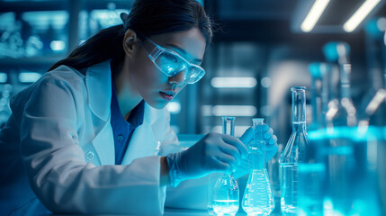 focused female scientist conducting experiments in a modern laboratory. emphasizes dedication and pr