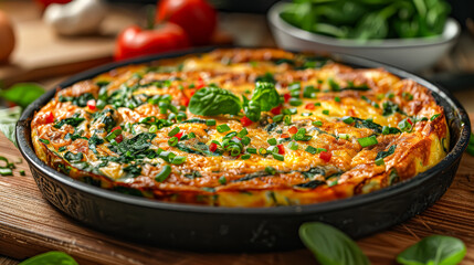 Wall Mural - A pizza with spinach and tomatoes is sitting on a wooden table. The pizza is cut into slices and is ready to be eaten