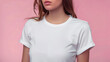 © john - Young woman wearing bella canvas white shirt mockup, at pink background. Design tshirt template, print presentation mock-up.
