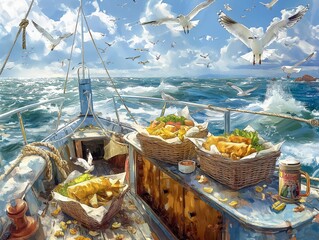 Wall Mural - A boat is filled with baskets of food and a few birds are flying around. Scene is relaxed and peaceful, as the boat is out on the water and the birds are enjoying the scenery