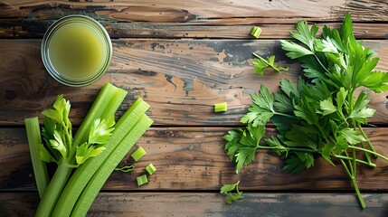 Fresh celery sticks and leaves with green juice on a rustic wooden table. Healthy lifestyle and detox concept. Vivid colors in a natural setting. AI